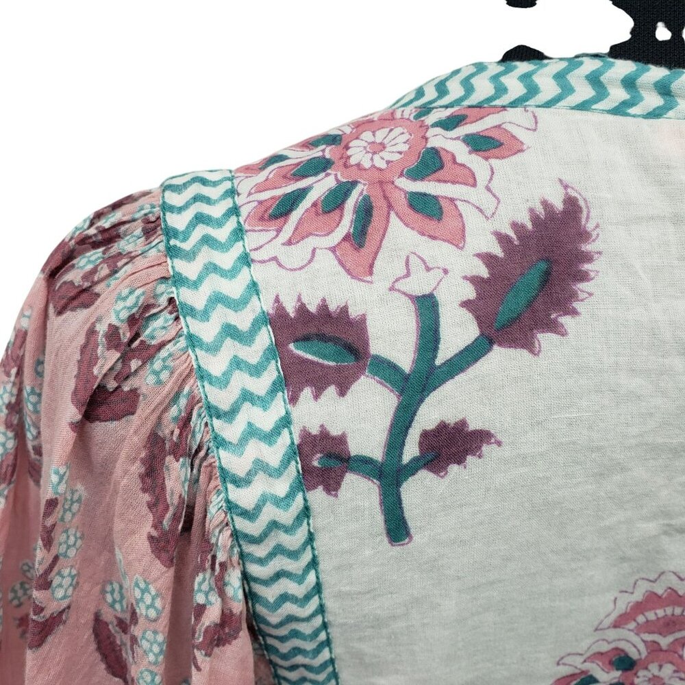 Oliphant Tie Front Balloon Sleeve Dress Pink Teal White Boho Block Print Floral - Picture 9 of 15